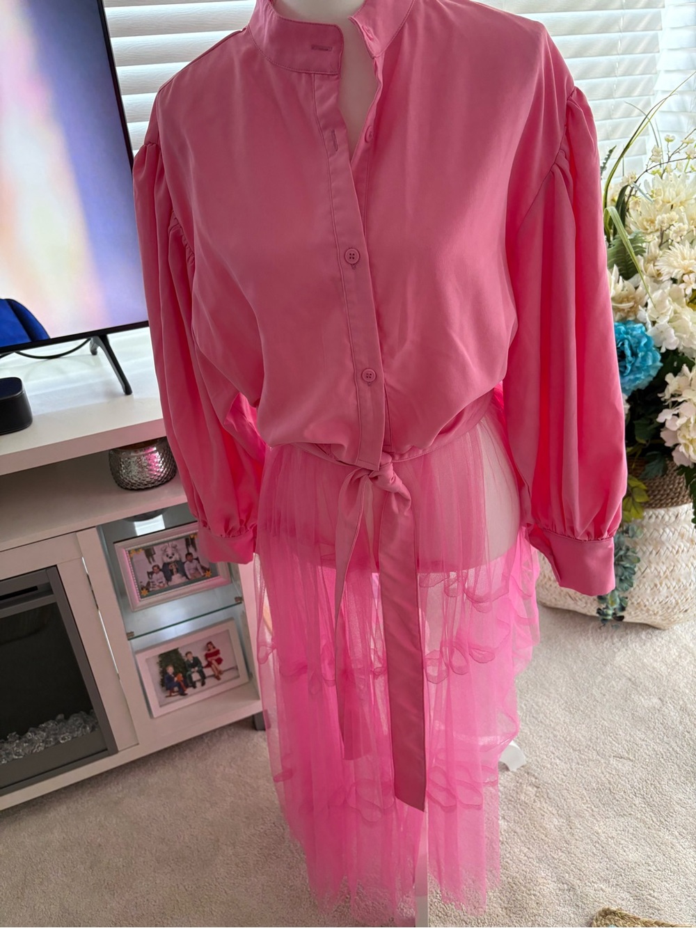 Women's Pink Sheer Tie-Waist Shirt Dress